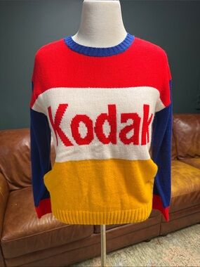 Kodak Colorblock Crewneck Sweater in Red, Blue, Yellow & Cream